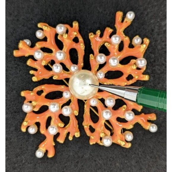 KJL KENNETH J LANE Large Enamel Brooch Coral Branch Faux Pearl Vintage Pin - Picture 11 of 16